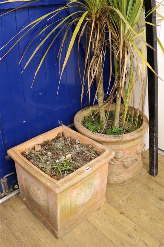 Two large terracotta planters, one square, the other circular W.45 and 53cm